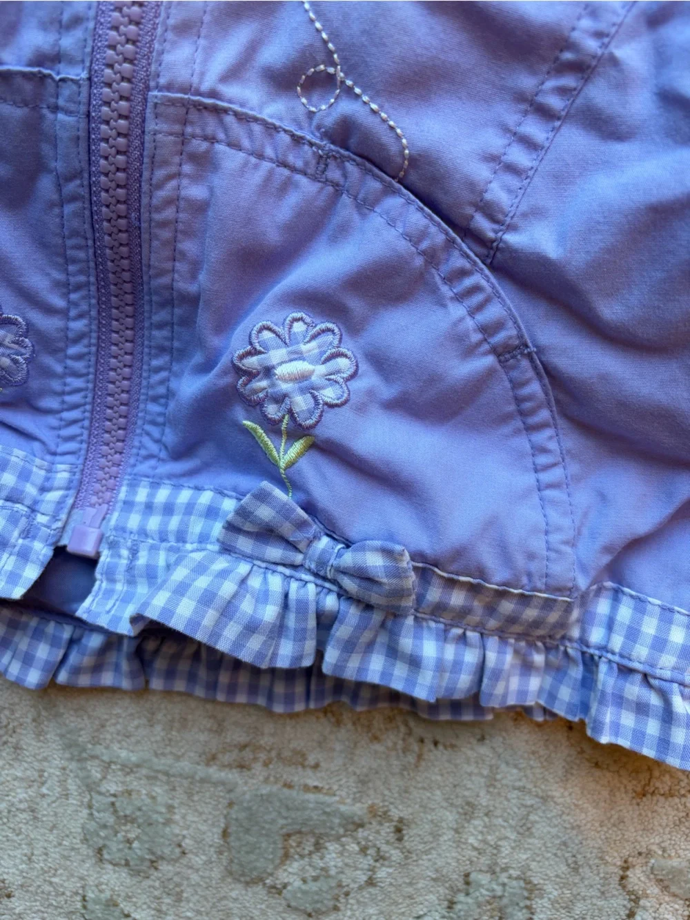 Vintage 90’s Flower Embroidered Ruffled Gingham Trim Zip Up Jacket